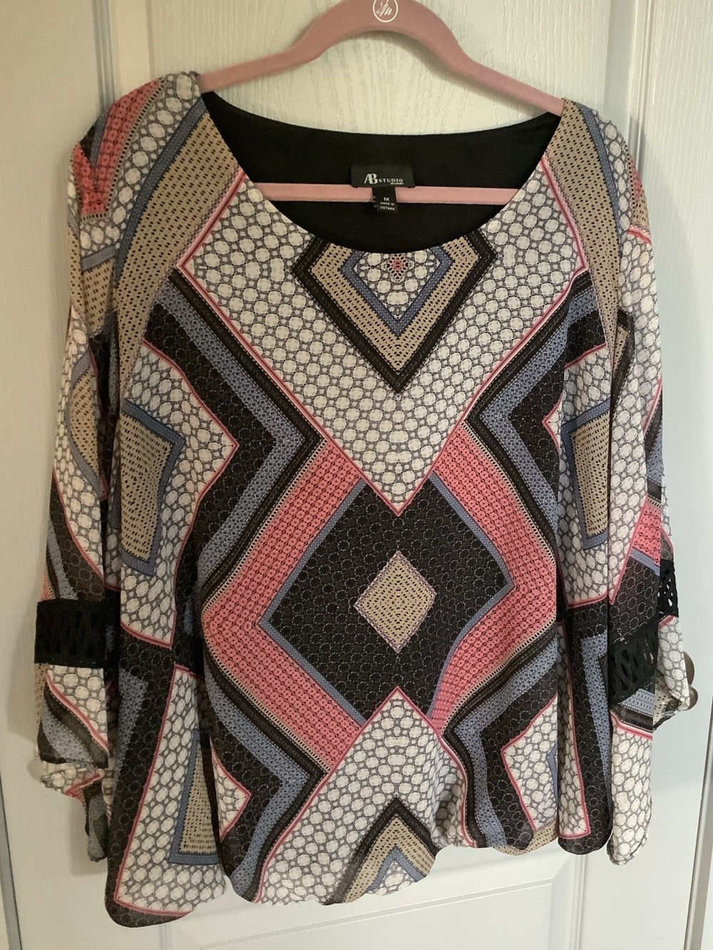 AB Studio Geometric Bell-Sleeve Blouse - Pink/Black/Cream/Blue
